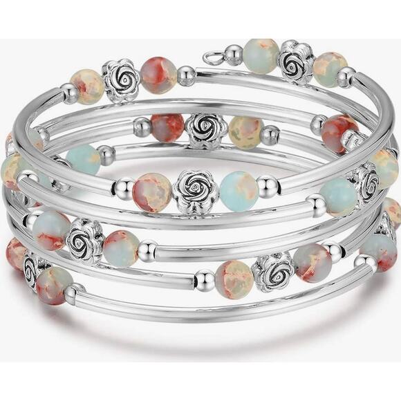 Coil Wrap Agate Seafoam Green Rose Pastel Accent Bracelet Memory Wire Bangle - Picture 7 of 9